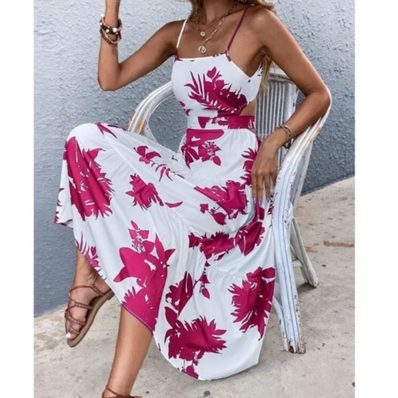 Boho Blue Floral Tropical Leaves Cut out Cami Ruffle Dress - Picture 6 of 12